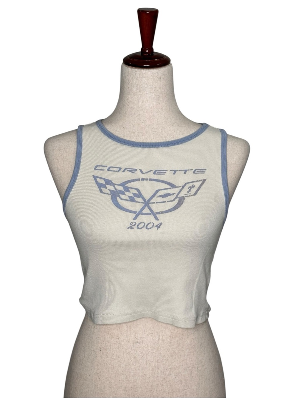 Chemistry Cream Ribbed Graphic Crop Tank with Blue Trim. Retro. Baddie. Y2K. S
